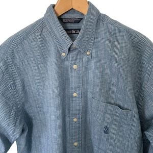 Vtg Nautica Shirt Mens Large Flannel Blue Glen Plaid Long Sleeve Button Down USA
